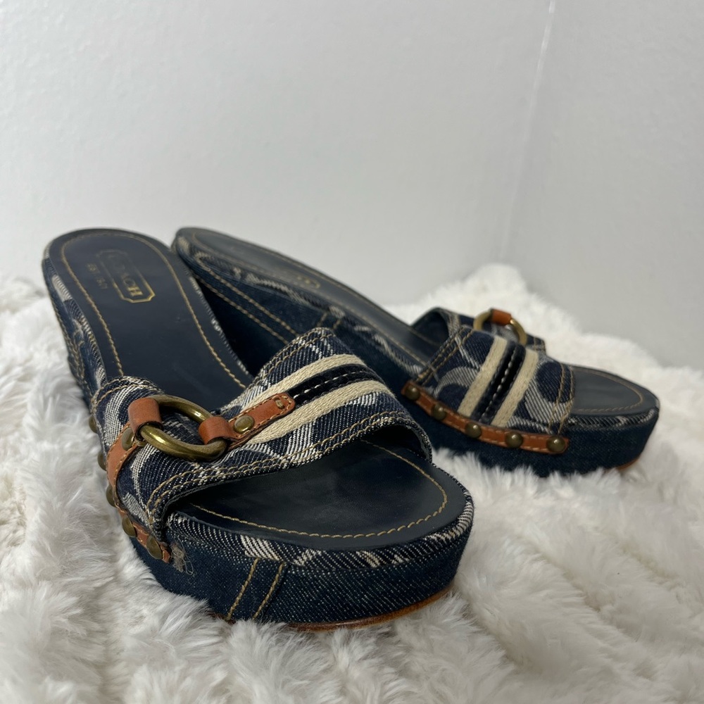 Coach Blue and Brown Wedge Sandals with Elegant Buckle - Picture 2 of 8